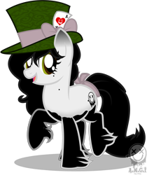 Size: 2525x3000 | Tagged: safe, artist:amgiwolf, imported from derpibooru, oc, oc only, oc:amgi, earth pony, pony, bow, earth pony oc, eyelashes, female, hat, hoof fluff, mare, open mouth, raised hoof, simple background, smiling, solo, tail bow, top hat, transparent background