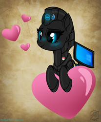 Size: 2605x3145 | Tagged: safe, artist:108-zeroforce, artist:starshade, artist:zakry farkos, artist:zfarkos, imported from derpibooru, oc, oc only, oc:gigi, pony, robot, robot pony, black sclera, dell, female, heart, heart eyes, mare, simple background, solo, wingding eyes