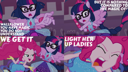 Size: 1986x1117 | Tagged: safe, edit, edited screencap, editor:quoterific, imported from derpibooru, screencap, pinkie pie, sci-twi, twilight sparkle, equestria girls, equestria girls series, forgotten friendship, angry, duo, eyes closed, female, glasses, open mouth, ponied up, pony ears, wings, yelling