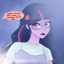 Size: 1080x1080 | Tagged: safe, artist:_denart, artist:rapunzelights, imported from derpibooru, equestria girls, bust, clothes, comic, female, glasses, implied shipping, implied sunset shimmer, night, open mouth, outdoors, signature, talking
