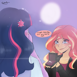Size: 1080x1080 | Tagged: safe, artist:_denart, artist:rapunzelights, imported from derpibooru, sci-twi, sunset shimmer, twilight sparkle, equestria girls, clothes, comic, engagement ring, eye clipping through hair, female, full moon, jewelry, lesbian, moon, night, outdoors, ring, scitwishimmer, shipping, signature, smiling, stars, sunsetsparkle, talking