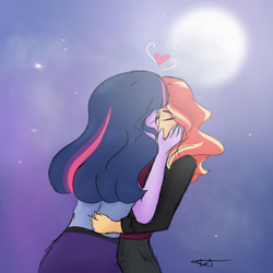 Size: 1080x1080 | Tagged: safe, artist:_denart, artist:rapunzelights, imported from derpibooru, sci-twi, sunset shimmer, twilight sparkle, equestria girls, clothes, comic, eyes closed, female, full moon, kissing, lesbian, moon, night, outdoors, scitwishimmer, shipping, signature, stars, sunsetsparkle