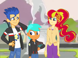 Size: 621x462 | Tagged: safe, artist:sweetpeasnuzzle, imported from derpibooru, flash sentry, sunset shimmer, oc, equestria girls, cropped, family, father and child, father and son, female, flashimmer, male, mother and child, mother and son, offspring, older, older sunset, parent:flash sentry, parent:sunset shimmer, parents:flashimmer, shipping, straight