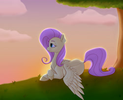 Size: 3300x2700 | Tagged: safe, artist:s.l.guinefort, imported from derpibooru, fluttershy, pegasus, pony, crossed hooves, cute, dock, female, grass, high res, looking away, lying down, mare, outdoors, prone, shyabetes, solo, spread wings, sunset, tree, under the tree, wings