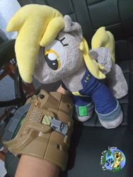 Size: 3024x4032 | Tagged: safe, artist:shappy the lamia, imported from derpibooru, derpy hooves, pegasus, pony, fallout equestria, caress, clothes, cosplay, costume, craft, derp, fallout, jumpsuit, merchandise, petting, photo, pipboy, pipbuck, plushie, plushies shy, real life background, reality, solo, suit, vault 111, vault boy, vault suit