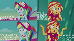 Size: 1986x1117 | Tagged: safe, edit, edited screencap, editor:quoterific, imported from derpibooru, screencap, rainbow dash, sunset shimmer, human, equestria girls, equestria girls series, spring breakdown, spoiler:eqg series (season 2), angry, argument, female, hat, open mouth, solo, teeth