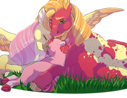 Size: 2200x1700 | Tagged: safe, artist:theartfox2468, imported from derpibooru, big macintosh, fluttershy, oc, oc:valentine, earth pony, pegasus, pony, alternate design, beard, blank flank, body freckles, coat markings, colored hooves, colored wings, colored wingtips, cuddling, cute, daaaaaaaaaaaw, dawwww, eyes closed, facial hair, family, father and child, father and daughter, female, filly, floppy ears, fluttermac, freckles, grass, licking, lying down, macabetes, male, mare, mother and child, mother and daughter, offspring, parent:big macintosh, parent:fluttershy, parents:fluttermac, prone, scar, shipping, shyabetes, simple background, smiling, spread wings, stallion, straight, sweet dreams fuel, tongue out, transparent background, unshorn fetlocks, wings