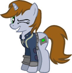Size: 437x448 | Tagged: safe, artist:beanbases, artist:pegasski, imported from derpibooru, oc, oc only, oc:littlepip, pony, unicorn, fallout equestria, base used, clothes, eyelashes, female, grin, horn, mare, one eye closed, simple background, smiling, solo, transparent background, wink
