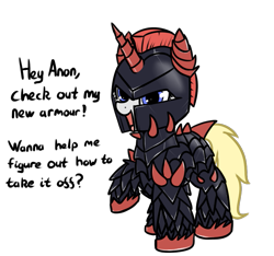 Size: 1001x937 | Tagged: safe, artist:neuro, oc, oc only, pony, unicorn, armor, dialogue, female, guardsmare, heavy armor, helmet, implied anon, looking at you, mare, open mouth, royal guard, simple background, solo, spiked armor, transparent background