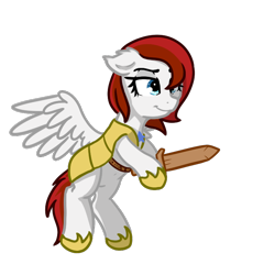 Size: 664x691 | Tagged: safe, artist:neuro, oc, oc only, oc:feather scarf, pegasus, pony, armor, ear down, female, flying, guardsmare, hoof hold, lidded eyes, mare, royal guard, royal guard armor, simple background, spread wings, sword, transparent background, weapon, wings, wooden sword