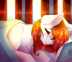 Size: 3550x3050 | Tagged: safe, artist:ladycometeclips, oc, oc only, oc:feather scarf, pegasus, pony, bed, blanket, chest fluff, ear fluff, eyes closed, fanfic art, female, mare, morning, pillow, sleeping