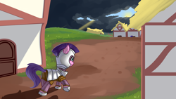 Size: 3840x2160 | Tagged: safe, artist:neuro, oc, oc only, earth pony, pony, armor, butt, chainmail, cloud, cloudy, dock, female, guardsmare, helmet, mare, plot, royal guard, smiling, solo focus, stormcloud, trotting, village