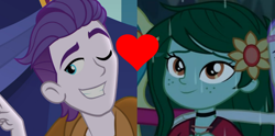 Size: 1776x883 | Tagged: safe, edit, edited screencap, imported from derpibooru, screencap, dirk thistleweed, wallflower blush, accountibilibuddies, equestria girls, equestria girls series, let it rain, spoiler:eqg series (season 2), crack shipping, cropped, female, heart, male, shipping, shipping domino, straight, thistleflower