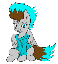 Size: 1505x1642 | Tagged: safe, artist:@cameron, artist:ciaran, artist:demisky, derpibooru exclusive, imported from derpibooru, oc, oc:blue flare, derpibooru community collaboration, 2021 community collab, base used, clothes, fiery mane, fiery tail, hoodie, looking around, simple background, sitting, transparent background, wings