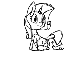 Size: 800x600 | Tagged: safe, artist:anonymous, rarity, pony, unicorn, female, horn, mare, monochrome, simple background, sitting, sketch, solo, suprised look