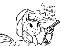 Size: 800x600 | Tagged: safe, artist:anonymous, applejack, earth pony, pony, cowboy hat, dialogue, female, gun, handgun, hat, hoof hold, mare, monochrome, revolver, sketch, smiling, solo, weapon