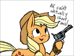 Size: 800x600 | Tagged: safe, artist:anonymous, applejack, earth pony, pony, colored, cowboy hat, dialogue, female, gun, handgun, hat, hoof hold, mare, revolver, simple background, sketch, smiling, solo, weapon, white background