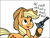 Size: 800x600 | Tagged: safe, artist:anonymous, applejack, earth pony, pony, colored, cowboy hat, dialogue, female, gun, handgun, hat, hoof hold, mare, revolver, simple background, sketch, smiling, solo, weapon, white background
