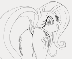 Size: 752x618 | Tagged: safe, artist:dotkwa, fluttershy, pegasus, pony, both cutie marks, butt, dock, flutterbutt, looking at you, looking back, looking back at you, monochrome, open mouth, plot, raised tail, simple background, sketch, smiling, tail, tail aside