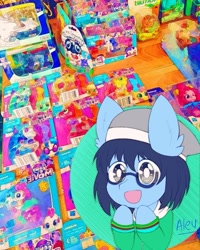 Size: 675x844 | Tagged: safe, artist:aleuoliver, imported from derpibooru, oc, earth pony, pony, :d, bust, christmas, clothes, earth pony oc, glasses, hat, holiday, irl, open mouth, photo, santa hat, signature, smiling