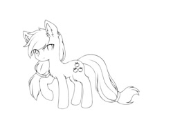 Size: 1080x724 | Tagged: safe, artist:aleuoliver, imported from derpibooru, applejack, earth pony, pony, female, lineart, mare, missing accessory, monochrome, raised hoof, solo