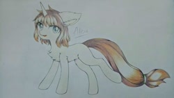 Size: 1080x607 | Tagged: safe, alternate version, artist:aleuoliver, imported from derpibooru, oc, oc only, pony, unicorn, chest fluff, colored, female, horn, mare, smiling, solo, traditional art, unicorn oc