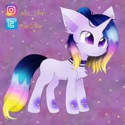Size: 1080x1080 | Tagged: safe, artist:aleuoliver, imported from derpibooru, oc, oc only, pony, unicorn, abstract background, chest fluff, choker, ear piercing, female, horn, mare, piercing, smiling, solo, unicorn oc