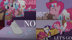 Size: 1986x1117 | Tagged: safe, edit, edited screencap, editor:quoterific, imported from derpibooru, screencap, glass slipper, pinkie pie, rarity, earth pony, pony, unicorn, season 1, the best night ever, angry, cinderella, clothes, dress, duo, duo female, eyes closed, female, gala dress, glass slipper (footwear), messy mane, open mouth, reference, solo, stomping
