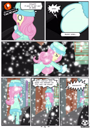 Size: 2480x3507 | Tagged: safe, artist:theminus, imported from derpibooru, fluttershy, human, comic:fluttershy the dark secret, equestria girls, car, clothes, crying, escape, eyes closed, female, hat, mittens, open mouth, running, running away, snow, solo, speech bubble, stranger danger, tears of fear, winter outfit, younger