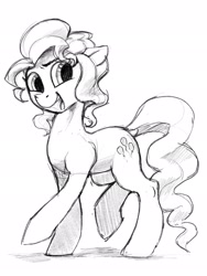 Size: 1536x2048 | Tagged: safe, artist:dimfann, imported from derpibooru, oc, oc only, earth pony, pony, female, looking at you, mare, monochrome, not pinkie pie, open mouth, raised hoof, raised leg, sketch, smiling, solo, three quarter view