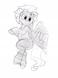 Size: 1536x2048 | Tagged: safe, artist:dimfann, imported from derpibooru, oc, oc only, pegasus, pony, grayscale, looking down, monochrome, sketch, smiling, solo, spread wings, wings