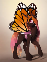 Size: 1275x1650 | Tagged: safe, artist:silfoe, imported from derpibooru, oc, oc only, oc:papillion, changeling, changeling queen, butterfly changeling, butterfly wings, changeling queen oc, commission, female, horn, purple changeling, solo, two toned mane, wings