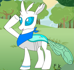 Size: 839x795 | Tagged: safe, artist:fsnyion, imported from derpibooru, oc, oc only, oc:nyion, changedling, changeling, clothes, scarf, silly changeling, solo, tongue out