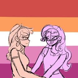 Size: 1080x1080 | Tagged: safe, artist:_denart, artist:rapunzelights, imported from derpibooru, applejack, rarity, equestria girls, clothes, female, hat, holding hands, lesbian, lesbian pride flag, pride, pride flag, rarijack, shipping, smiling