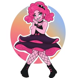 Size: 1080x1080 | Tagged: safe, artist:_denart, artist:rapunzelights, imported from derpibooru, pinkie pie, equestria girls, abstract background, boots, choker, clothes, dress, ear piercing, female, fishnets, goth, grin, hairband, lipstick, piercing, shoes, signature, smiling, spiked wristband, wristband