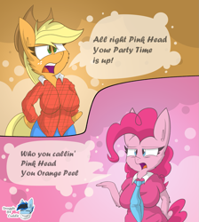 Size: 1269x1415 | Tagged: safe, artist:snuggleb4cuddle, imported from derpibooru, applejack, pinkie pie, anthro, earth pony, 2 panel comic, breasts, busty applejack, busty pinkie pie, clothes, comic, dialogue, female, gradient background, necktie, shirt, speech bubble, spongebob reference, spongebob squarepants, survival of the idiots, text