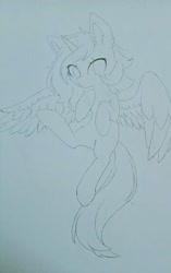 Size: 1280x2040 | Tagged: safe, artist:aleuoliver, artist:aleurajan, imported from derpibooru, oc, oc only, alicorn, pony, alicorn oc, ear fluff, female, horn, lineart, mare, monochrome, solo, traditional art, wings