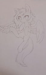 Size: 1272x2078 | Tagged: safe, artist:aleuoliver, artist:aleurajan, imported from derpibooru, oc, oc only, alicorn, pony, alicorn oc, ear fluff, female, horn, lineart, mare, monochrome, solo, traditional art, wings