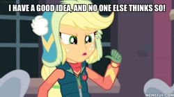 Size: 600x337 | Tagged: source needed, safe, edit, edited screencap, editor:applejackfan204, imported from derpibooru, screencap, applejack, equestria girls, equestria girls series, holidays unwrapped, spoiler:eqg series (season 2), caption, image macro, patty hype, spongebob squarepants, text, winter break-in