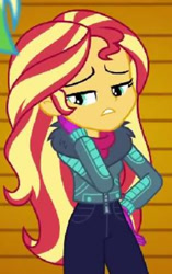 Size: 450x715 | Tagged: safe, edited screencap, imported from derpibooru, screencap, sunset shimmer, equestria girls, equestria girls series, holidays unwrapped, spoiler:eqg series (season 2), clothes, cropped, jacket, solo, winter break-in, winter outfit