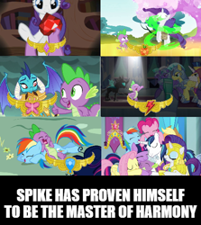 Size: 500x560 | Tagged: safe, edit, edited screencap, imported from derpibooru, screencap, applejack, fluttershy, pinkie pie, princess ember, rainbow dash, rarity, shining armor, spike, thorax, twilight sparkle, alicorn, changeling, dragon, earth pony, pegasus, pony, unicorn, friendship is magic, gauntlet of fire, inspiration manifestation, secret of my excess, sparkle's seven, the times they are a changeling, big crown thingy, caption, element of generosity, element of honesty, element of kindness, element of laughter, element of loyalty, element of magic, elements of harmony, fire ruby, gem, golden oaks library, image macro, jewelry, mane seven, mane six, meme, regalia, royal guard, ruby, spikelove, text, twilight sparkle (alicorn), winged spike, wings