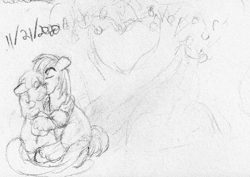 Size: 976x691 | Tagged: safe, artist:ophiliaflowers, imported from derpibooru, big macintosh, cheerilee, earth pony, pony, cheerimac, female, intertwined trees, kissing, male, monochrome, pencil drawing, shipping, sketch, straight, traditional art, tree