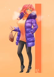 Size: 1400x2000 | Tagged: safe, artist:sozglitch, imported from derpibooru, sunset shimmer, equestria girls, big breasts, breasts, breath, busty sunset shimmer, clothes, coat, female, floating heart, heart, high heels, huge breasts, jacket, leggings, orange background, purse, shoes, simple background, solo, stiletto heels, sweater, sweater dress, visible breath