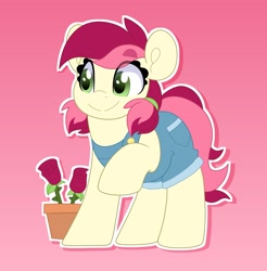 Size: 2019x2048 | Tagged: safe, alternate version, artist:partylikeanartist, imported from derpibooru, roseluck, earth pony, pony, alternate design, alternate hairstyle, clothes, eye clipping through hair, eyebrows, eyebrows visible through hair, flower, flower pot, looking away, overalls, pigtails, pink background, pocket, pockets, ponytail, pot, rose, simple background, smiling, solo, twintails