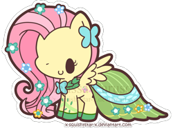 Size: 900x668 | Tagged: safe, artist:x-squishystar-x, edit, imported from derpibooru, fluttershy, pony, blushing, chibi, clothes, cute, dress, female, flower, flower in hair, gala dress, shyabetes, simple background, solo, spread wings, transparent background, watermark, wings