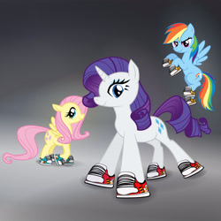 Size: 3300x3300 | Tagged: safe, artist:mandumustbasukanemen, imported from derpibooru, fluttershy, rainbow dash, rarity, pegasus, pony, unicorn, abstract background, clothes, drip, group, meme, shoes