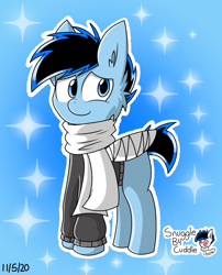 Size: 794x981 | Tagged: safe, artist:snuggleb4cuddle, imported from derpibooru, oc, oc:snuggles, pegasus, pony, bandage, clothes, gradient background, male, scarf, solo, sweater, white outline