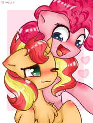 Size: 1080x1440 | Tagged: safe, artist:starflashing twinkle, imported from derpibooru, pinkie pie, sunset shimmer, earth pony, pony, unicorn, blushing, chest fluff, cute, female, infidelity, lesbian, looking at each other, male, one eye closed, open mouth, shipping, simple background, straight, sunsetpie