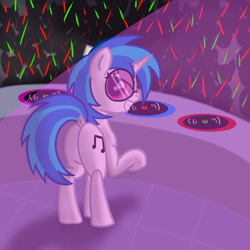 Size: 1200x1200 | Tagged: safe, artist:dafiltafish, imported from derpibooru, dj pon-3, vinyl scratch, pony, unicorn, butt, dock, grin, looking at you, looking back, looking back at you, plot, rave, smiling, turntable, vinyl ass
