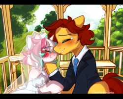 Size: 2384x1940 | Tagged: safe, artist:cottonsweets, imported from derpibooru, oc, oc:cottonsweets, oc:steffy, earth pony, pony, unicorn, blushing, crying, gazebo, marriage, shipping, tears of joy